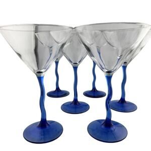 Libby Vintage 1990s Cobalt Blue Twisted Stem Martini Glasses, Set of 5